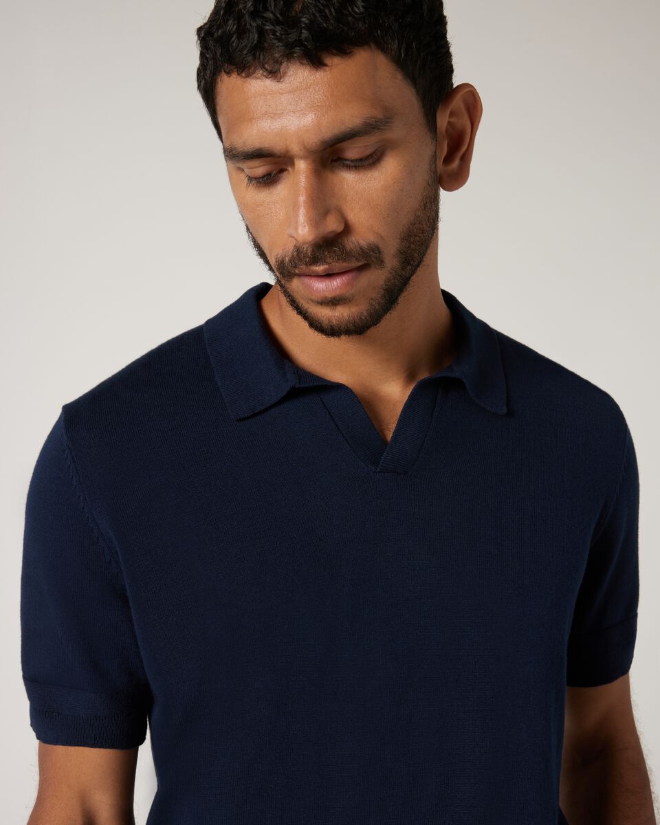 Short Sleeve Trophy Neck Knit, Navy, hi-res